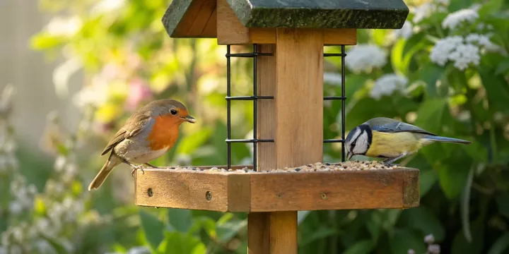 Small garden birds visiting a feeder