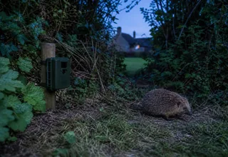 Low wildlife camera positioned beside a natural hedgehog route