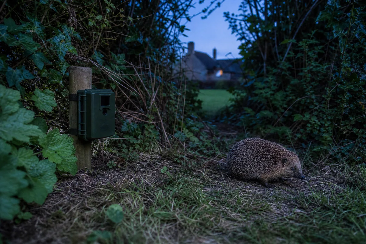 A wildlife camera positioned beside a hedgehog route in a UK garden