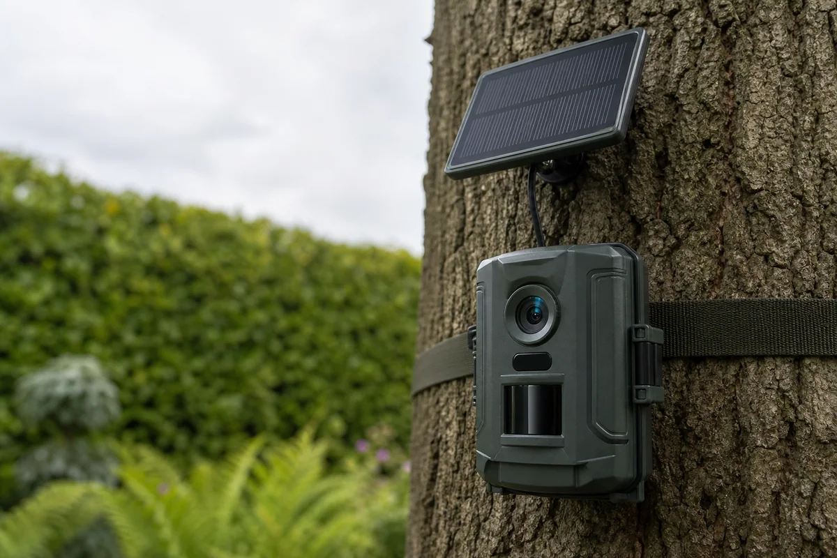 Illustration of a solar-assisted trail camera in a UK garden